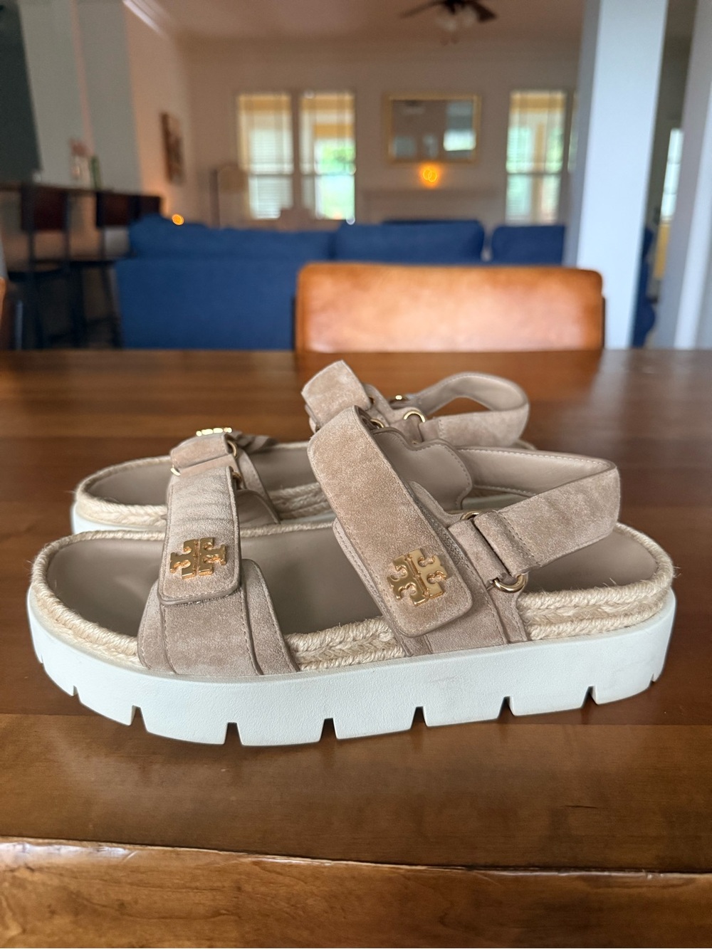 Tory Burch Kira Sport Chunky Flatform Sandals Rope Taupe Suede Leather Sz 8.5